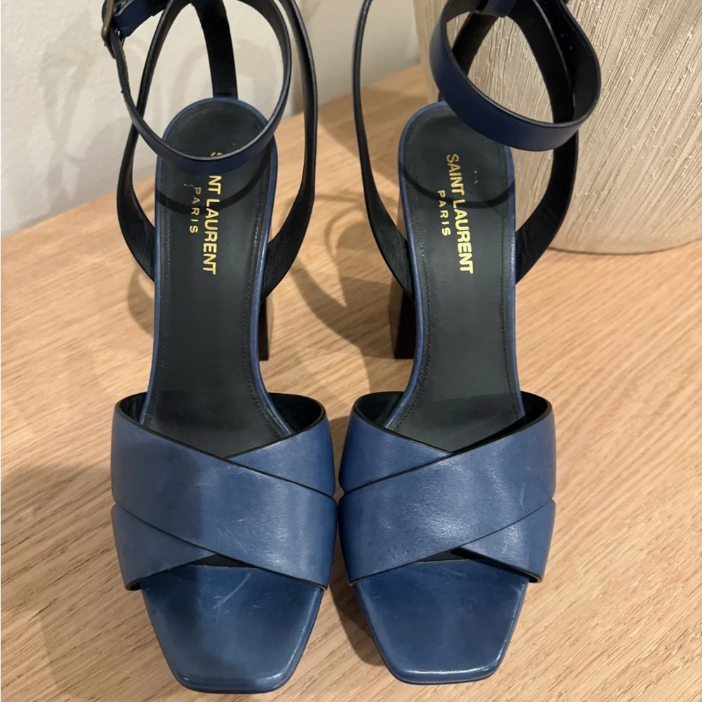 Saint Laurent Blue Leather Crisscross Block Heel Sandals - Picture 14 of 15